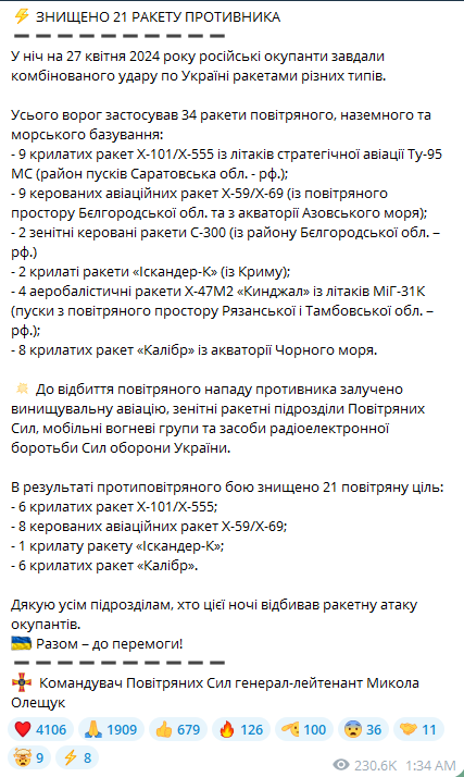 The Ukrainian Air Force says that Russia launched 34 missiles overnight, including: - 9 Kh-101 / Kh-555 from Tu-95MS strategic bombers - 9 Kh-59 / Kh-69 - 2 S-300 - 2 Iskander-K - 4 Kinzhal from MiG-31K aircraft - 8 Kalibr cruise missiles The increased use of Kh-59/69 missiles…