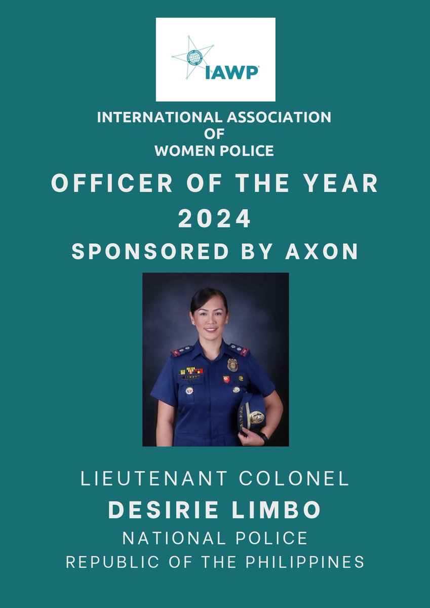 Congratulations to our 2024 Officer of the Year, Lieutenant Colonel Desirie Limbo, National Police, Philippines <a href="/IAWPPresident/">IAWP President</a> <a href="/axon_us/">Axon</a> <a href="/Axon_Canada/">Axon Canada</a>
