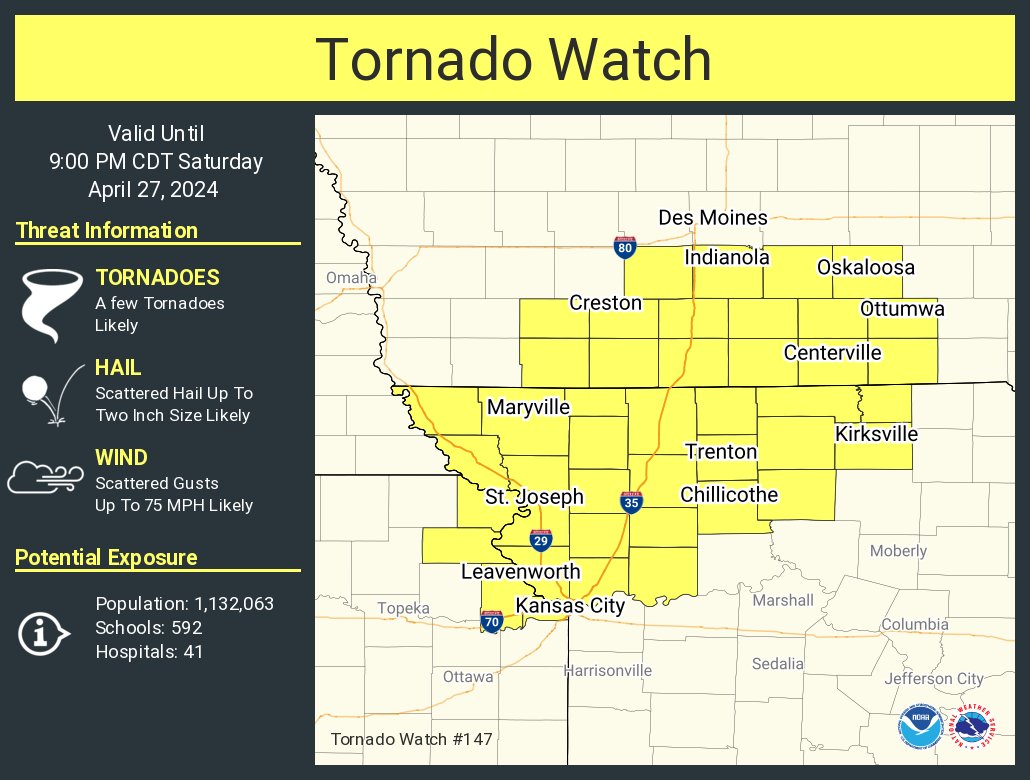 A tornado watch has been issued for parts of Iowa, Kansas and Missouri until 9 PM CDT