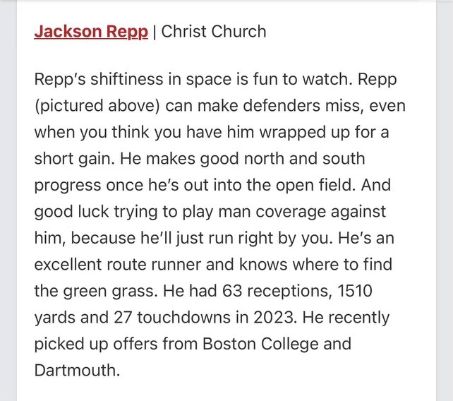 Thank you, @PrepRedzoneSC, for the write-up in the recent article about the top ‘25 receivers. @HatfieldQuin @amanirichburg88 @Todd_C_08 @Jdjacks45 @ccesfootball @HighSchoolBlitz