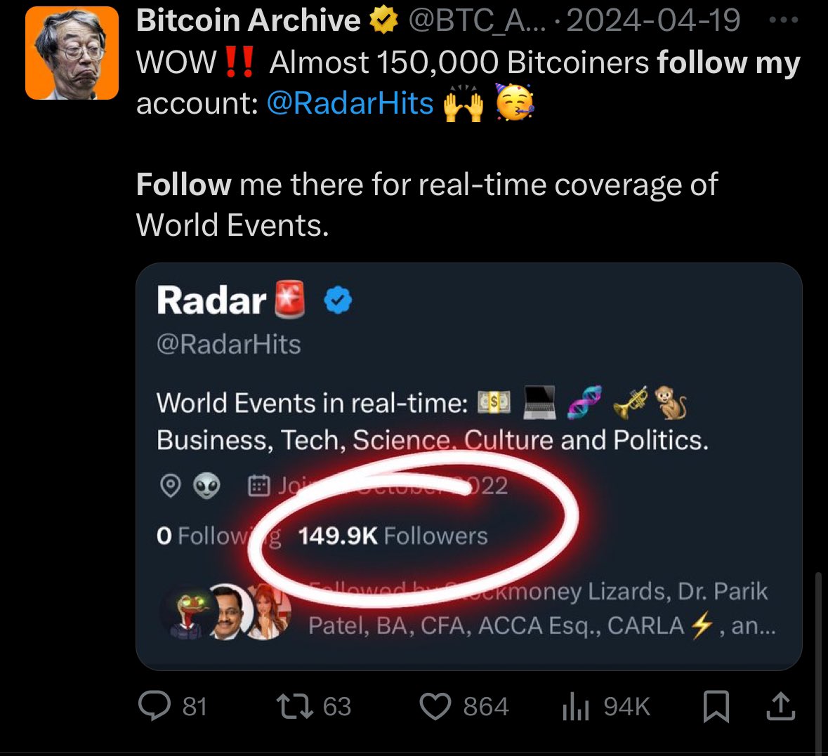 @MidnightShift_1 @RadarHits this account is run by @BTC_Archive and i’ve seen a lot of ppl mention that user is just a grifter who will say anything for engagement