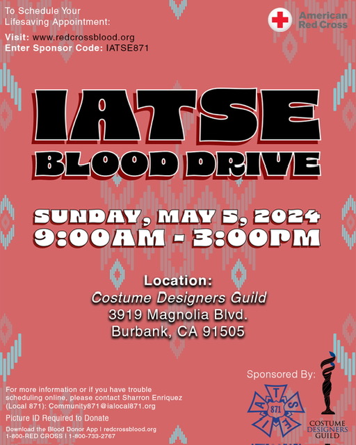 Save a life! Donate Blood! #IATSE Blood Drive Sponsored by @local871 and @cdglocal892 Sunday, May 5, 2024 9:00 am - 3:00 pm CDG 3919 W. Magnolia Blvd Burbank, CA 91505 Sign up at: redcrossblood.org Sponsor Code: IATSE871 Picture ID Required to Donate. #blooddrive