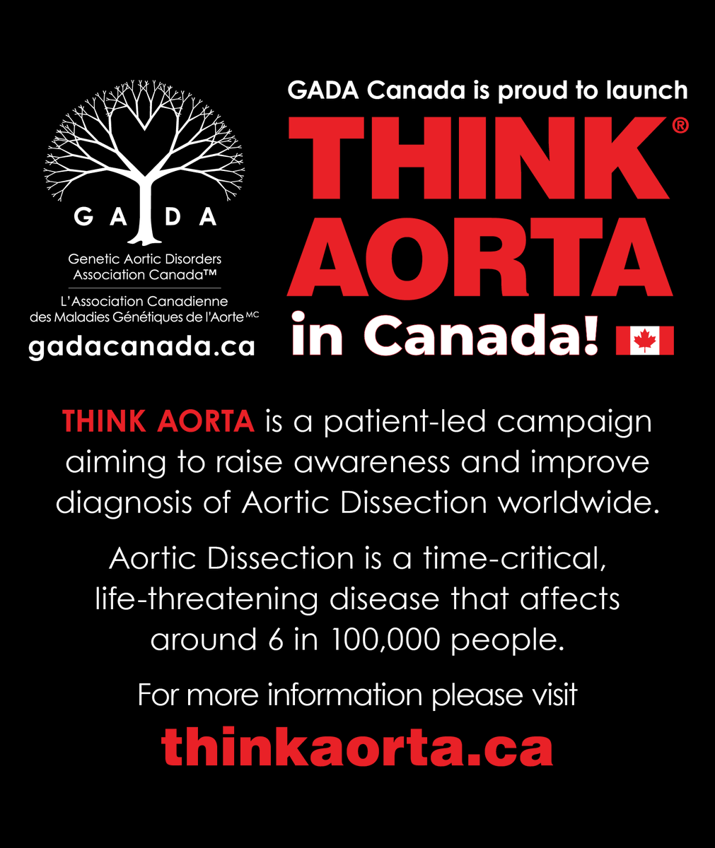 Today, we announce the launch of THINK AORTA Canada! Join #GADACanada’s Patient Lead Lindsey Rusche and global THINK AORTA leader Gareth Owens in Booth #22 today at the 104th AATS ANNUAL MEETING to learn more. gadacanada.ca/news/2024/4/27…  @MACAorta @AATSHQ #AATS2024 #thinkaorta