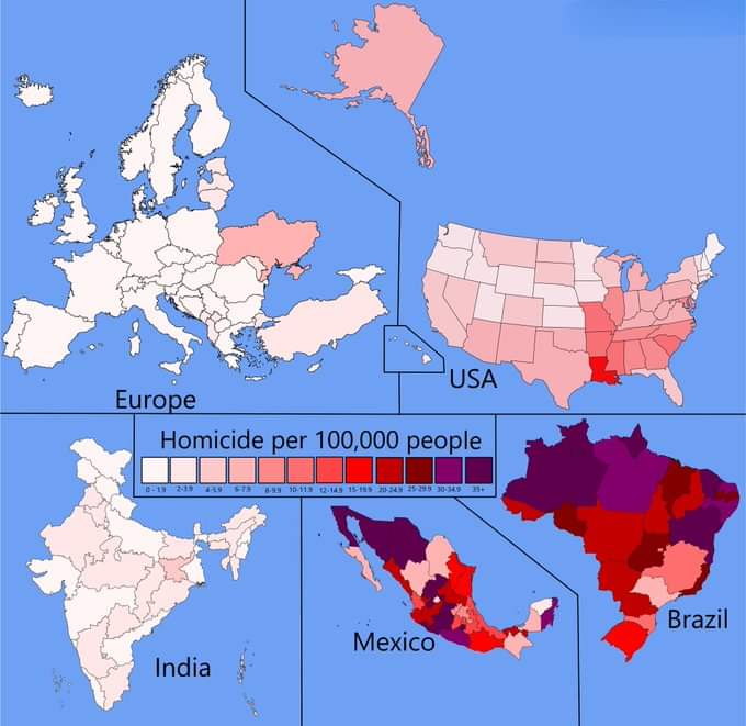 Homicide rates in different areas of the world