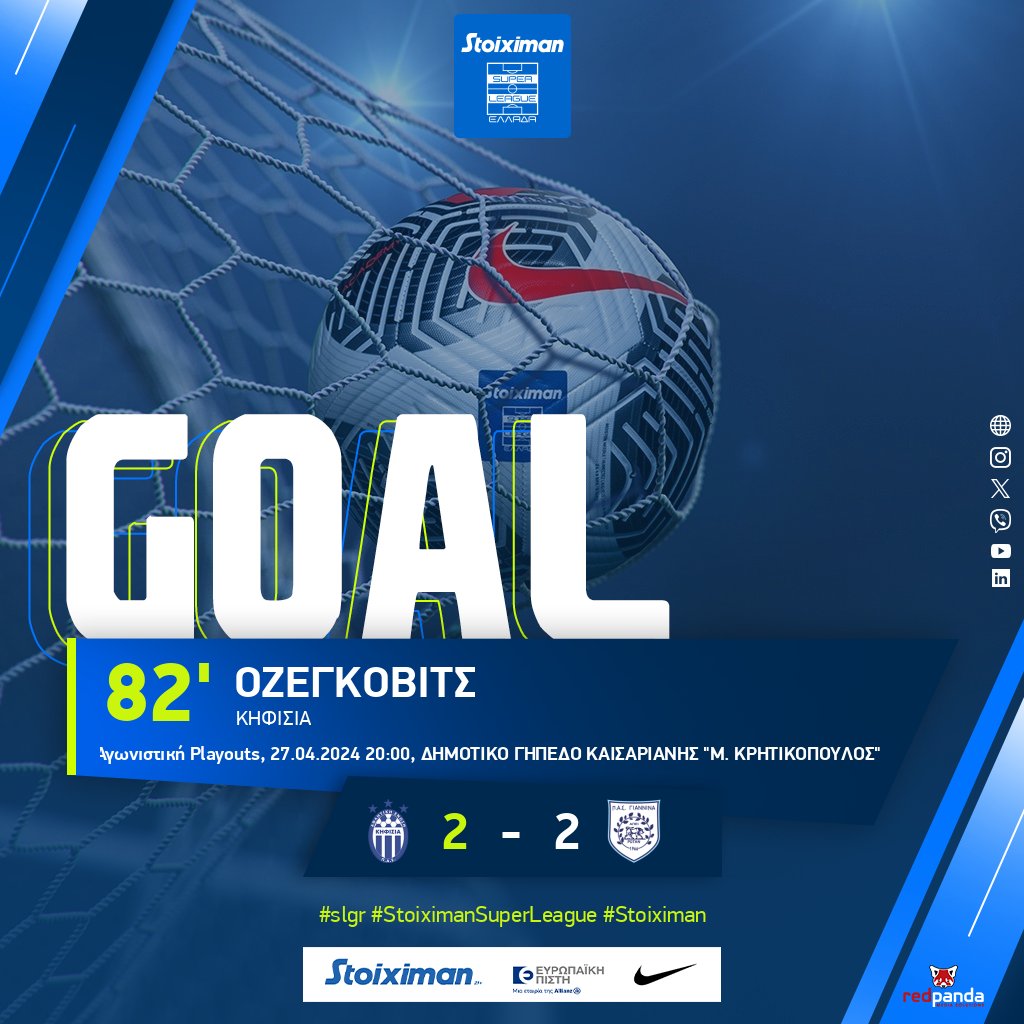Super_League_GR's tweet photo. Η Κηφισιά ισοφαρίζει σε 2-2 με εύστοχη εκτέλεση πέναλτι του Οζέγκοβιτς στο 82'
➡️ https://t.co/2dofIbgC7U
#slgr #StoiximanSuperLeague #Playouts #Matchday6 #Stoiximan #Football #astofi #volpans #kifpas #panatr https://t.co/24Ez8Turss
