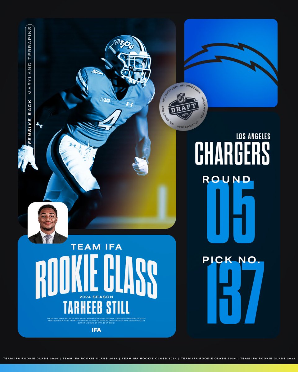 TeamIFA's tweet photo. ⚡️ Heeb is charged up! @tarheebstill is heading to the @chargers. #TeamIFA #NFLDraft #BoltUp https://t.co/5lWn1YqGkj
