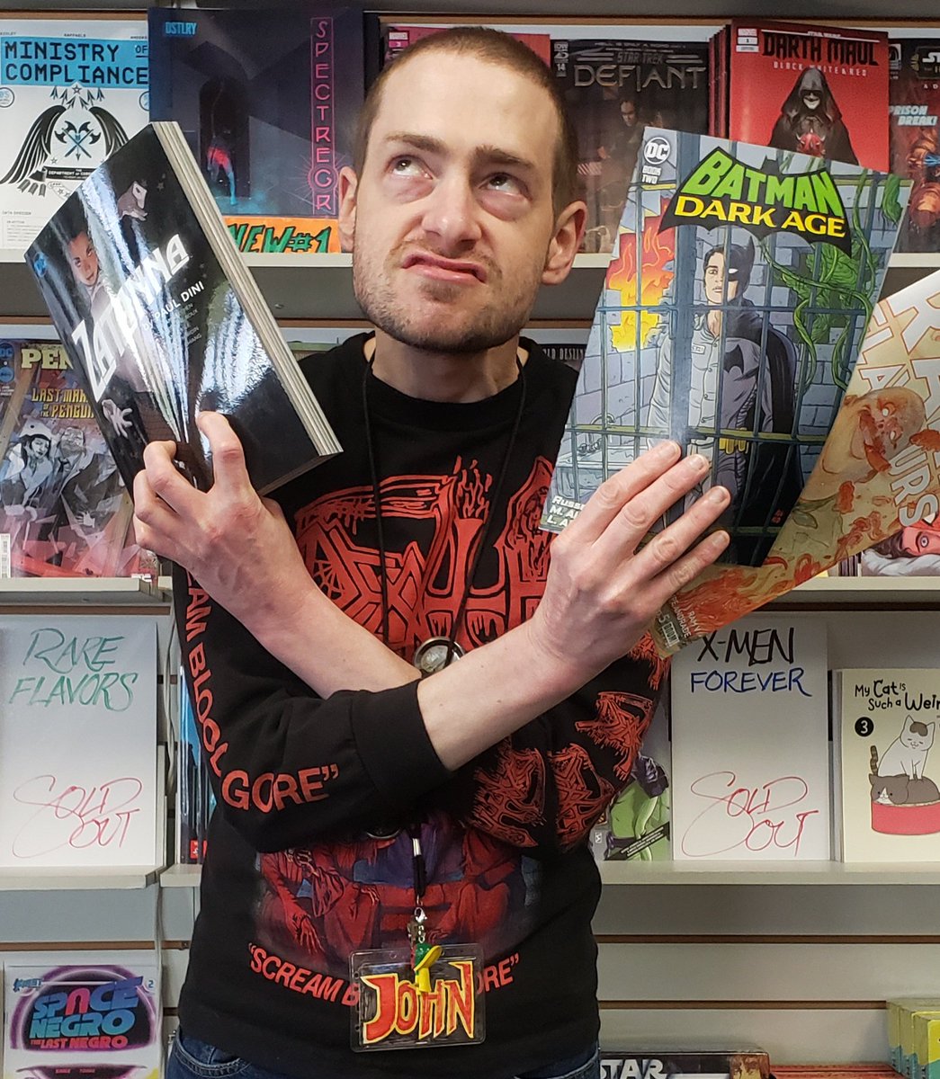 I don't know what this face is, but I am holding my Counter Monkey Picks for comics of the week! Collected Zatanna by Paul Dini, Batman: Dark Age #2 by @Manruss, @AllredMD, Laura Allred, and @daveLsharpe; and Rare Flavors #5 by @therightram and Filipe Andrade!