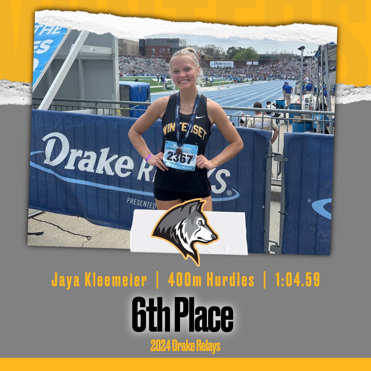 Jaya Kleemeier runs a huge PR in route to a Drake Relays 6th place finish in the 400m Hurdles!! Congrats Jaya!! #HuskyPride