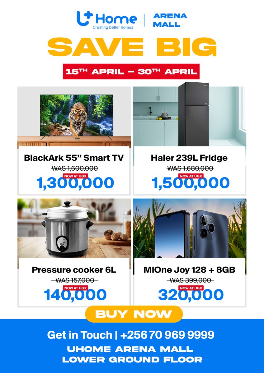 Save big with @UhomeUganda | #UhomeArenaMall. Enjoy these #Uhomediscounts until 30th April 2024.