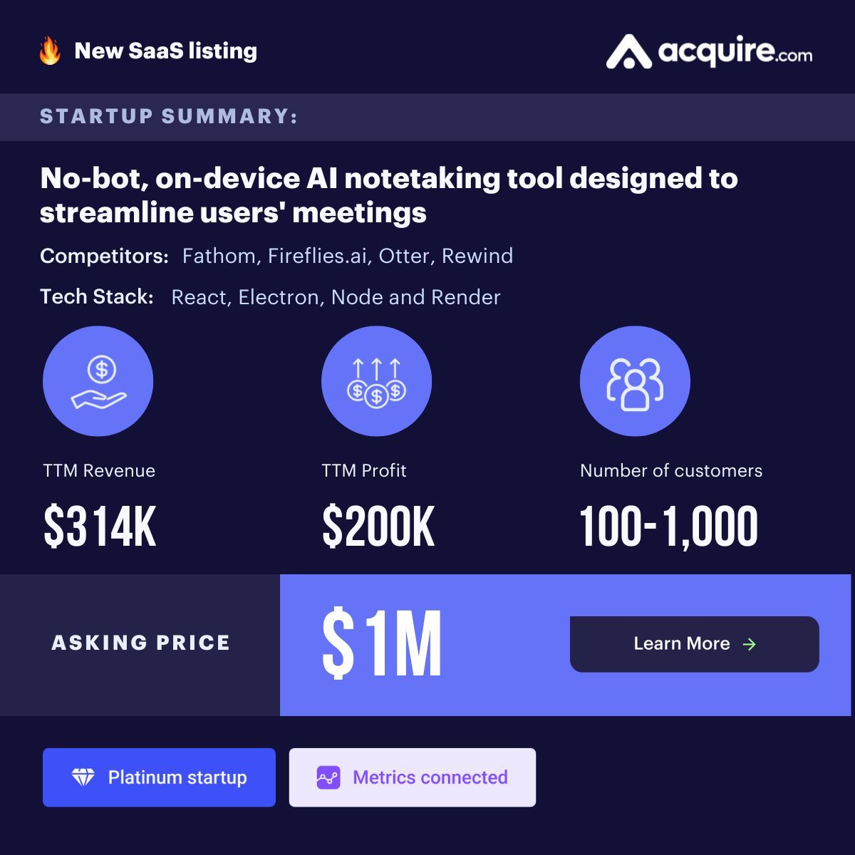 🔥 New GBA Startup Listed 🔥 SaaS | No-bot, on-device AI notetaking tool designed to streamline users' meetings | $314k TTM revenue Asking Price: $1M Contact the seller here: buff.ly/3tIDDHu