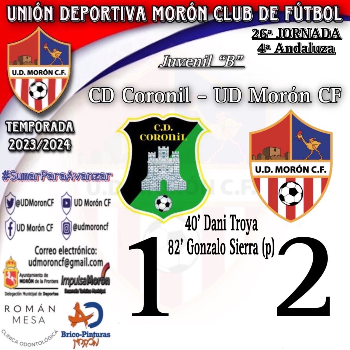 CanteraUDMCF's tweet photo. ⚽️𝗧𝗘𝗠𝗣𝝝𝗥𝝠𝗗𝝠 𝟮𝟬𝟮𝟯/𝟮𝟬𝟮𝟰
2️⃣6️⃣JORNADA - Juvenil “B”
⌛FINAL DEL PARTIDO en El Coronil.
⚽️ #CDC 1️⃣🆚2️⃣ #UDMCF
✅Anotaron: Troya y Nano
🏆#4ªAndaluzaJUVENIL
🙌🏽🇹🇭⚽️ #SumarParaAvanzar
❤️🤍💙#VamosMiMorón https://t.co/919Yofqvge