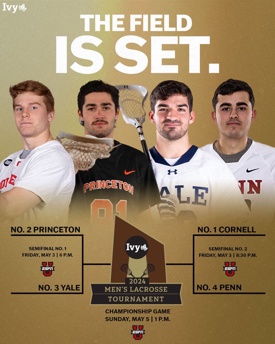IVIES IN ITHACA. A loaded field with four nationally ranked teams is heading to the 2024 Ivy men’s lacrosse tournament in Ithaca, N.Y. All the action begins on May 3. 🌿🥍 1️⃣ @CornellLacrosse 2️⃣ @TigerLacrosse 3️⃣ @YaleLacrosse 4️⃣ @PennMensLax 📰 » ivylg.co/MLAX042724
