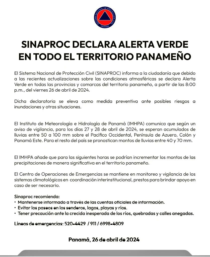 Se Declara #AlertaVerde 🟢 (preventiva) en TODO el territorio nacional.

☎️ Línea de emergencias: 520-4426