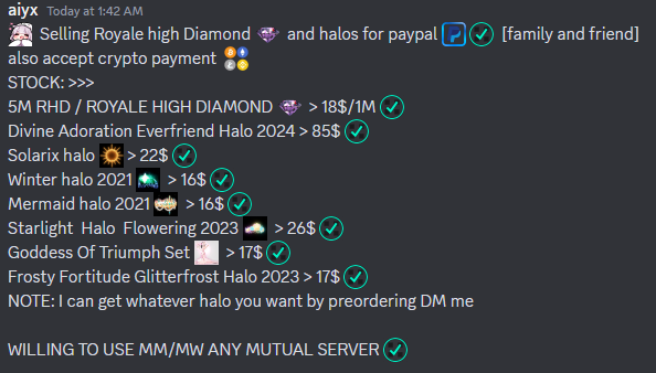 Selling royale high halos and diamond for real money paypal payment (fnf)
 sell everything in the image
Willing to use mm/mw
#adoptmetrades #Adoptmetrade 
#royalehightrades #royalehightrading #royalehighhalos #royalehighselling #adoptmetrades #adoptmetradings
#royalehighgiveaway