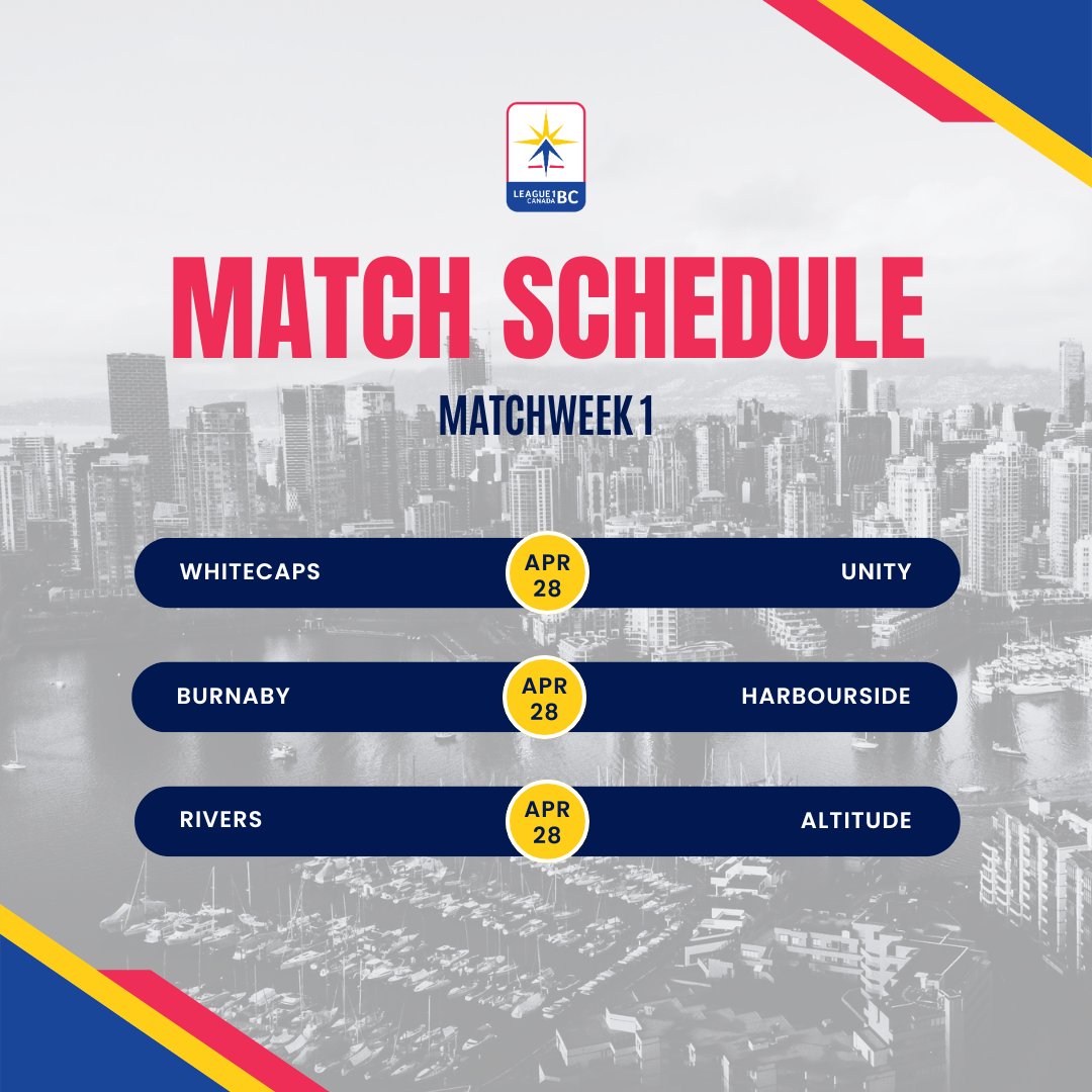 Not long to go! 🙌 Here's a reminder of the Matchweek 1️⃣ fixtures, all taking place tomorrow. Download the League1 Canada app to follow the results. iOS 👉 sport.li/nk-l1ca-apple Android 👉 sport.li/nk-l1ca-google #L1BC