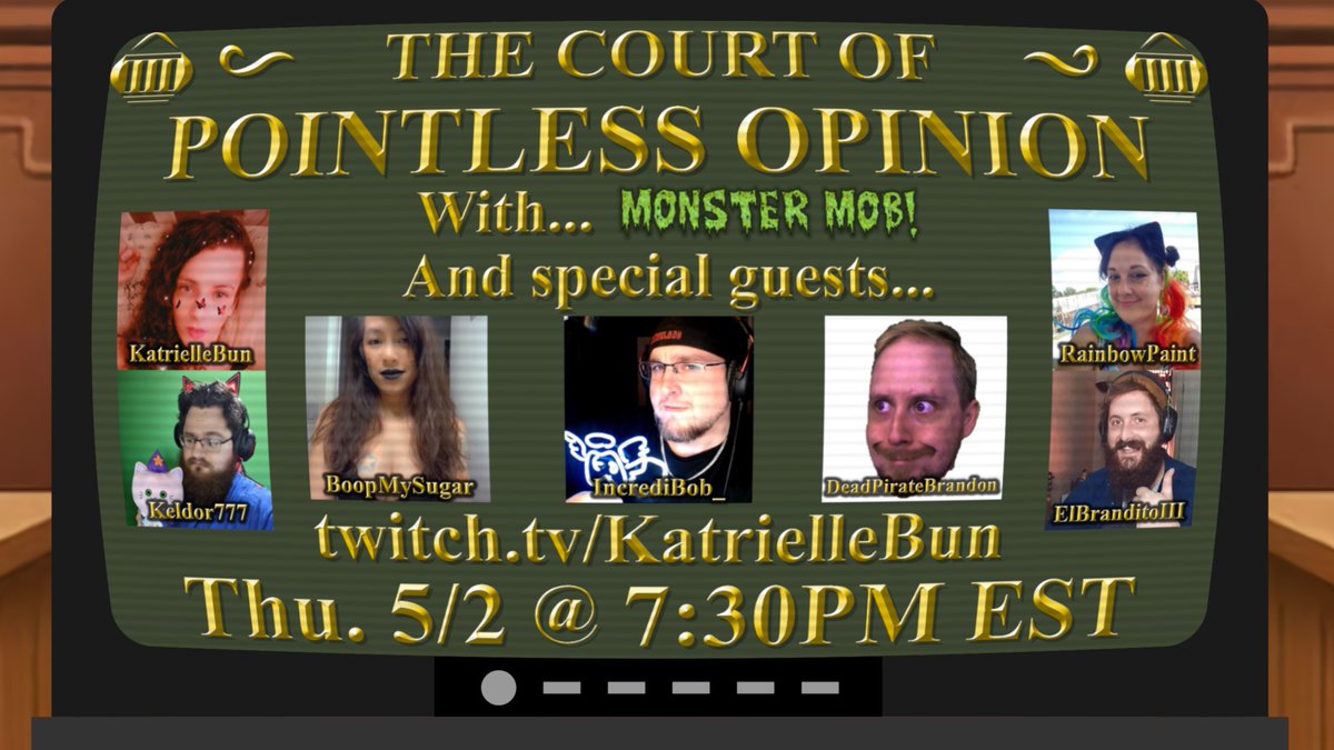 The Court of Pointless Opinion returns this Thursday, hosted by KatrielleBun!

This time, the Monster Mob is squaring up with 3 guests! <a href="/BoopMySugar/">BoopMySugar</a>, <a href="/Incredibob_/">IncrediBob</a> and <a href="/DeadPirateB/">DeadPirateBrandon - Happy Halloween!</a>!

This is a prototype game in development with new content every show!

🔗Link in the comments