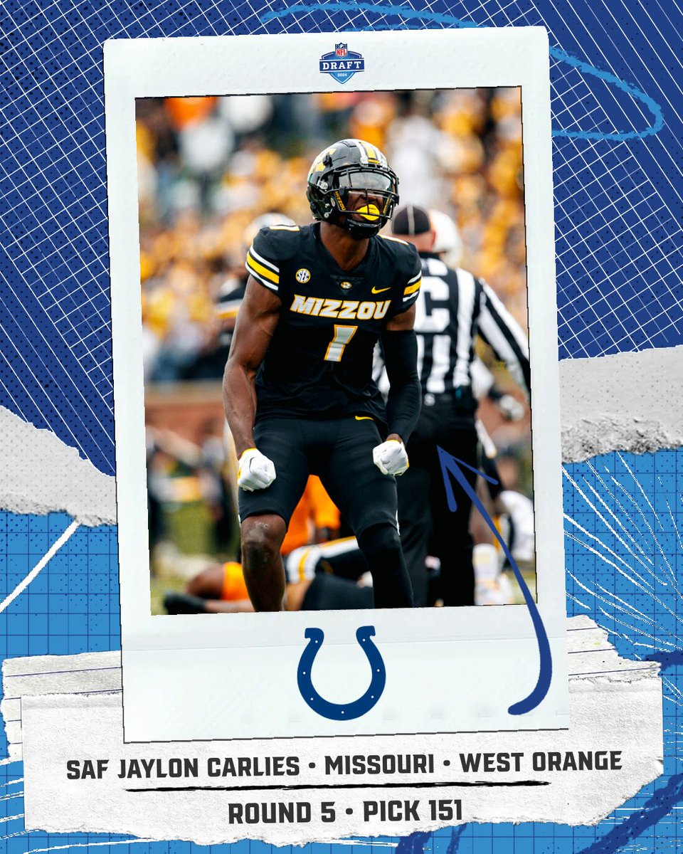 2024 #NFLDraft FLORIDA DRAFT ALERT! ROUND 5 - PICK NO. 151 Indianapolis Colts SAF Jaylon Carlies Missouri West Orange 2024 FLORIDA NFL DRAFT TRACKER: floridahsfootball.com/2024/04/25/202… 📸: University of Missouri Athletics #flhsfb @WestOrangeFB @JCCarnz @CenFLAPreps @DanLaForestFB