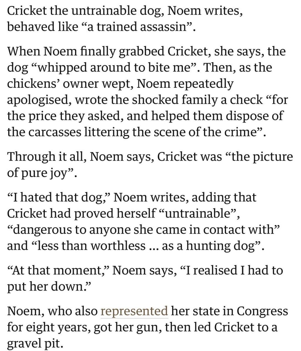 Little known fact, the dog's name was actually short for 'Moon Cricket.' Noem said she was inspired by HP Lovecraft when naming her pets. She's an avid reader of the old pulps, apparently.