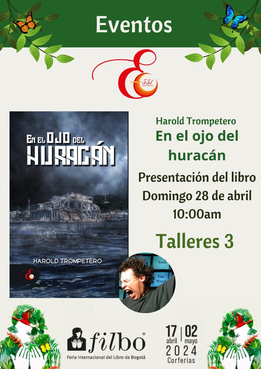El director y escritor <a href="/trompetero/">Harold Trompetero</a>  invita a la presentación de su nuevo libro "EN EL OJO DEL HURACÁN" 📚  relatos verídicos sobre el huracán que destruyó las Islas de Providencia y Santa Catalina 🏝
¡Los esperamos en la <a href="/FILBogota/">FeriadelLibroBogotá</a> 28 de Abril 🔻 sala de Talleres 3, 10:00 am!