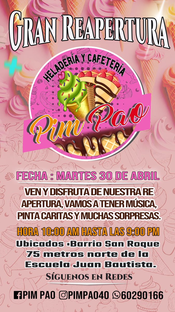 Hola amigos me ayudan a compartir.🙏🏽🩷✨
La heladería y cafetería que tenía en cedral, la trasladé para el barrio san Roque y el martes voy hacer la Re apertura.
Rt porfa 🙏🏽