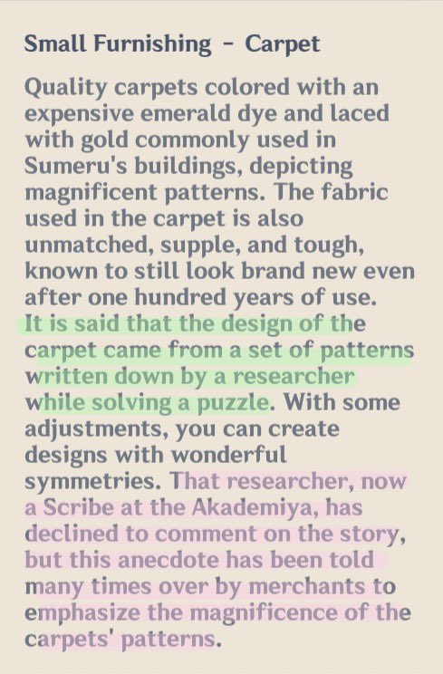 inlutolilium's tweet image. what if the reason why alhaitham doesn’t want to talk about this carpet pattern is because it was one adjusted from the ruins that were the subject of their thesis.

a great impact it had—kaveh fancied it as a part of his kit while alhaitham’s love reached the point of invention.
