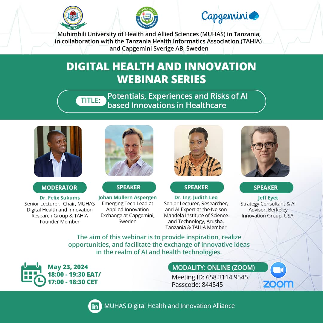 muhimbiliuniver's tweet photo. Plan not to miss this webinar on AI and health technologies https://t.co/O4ruCr3JEZ