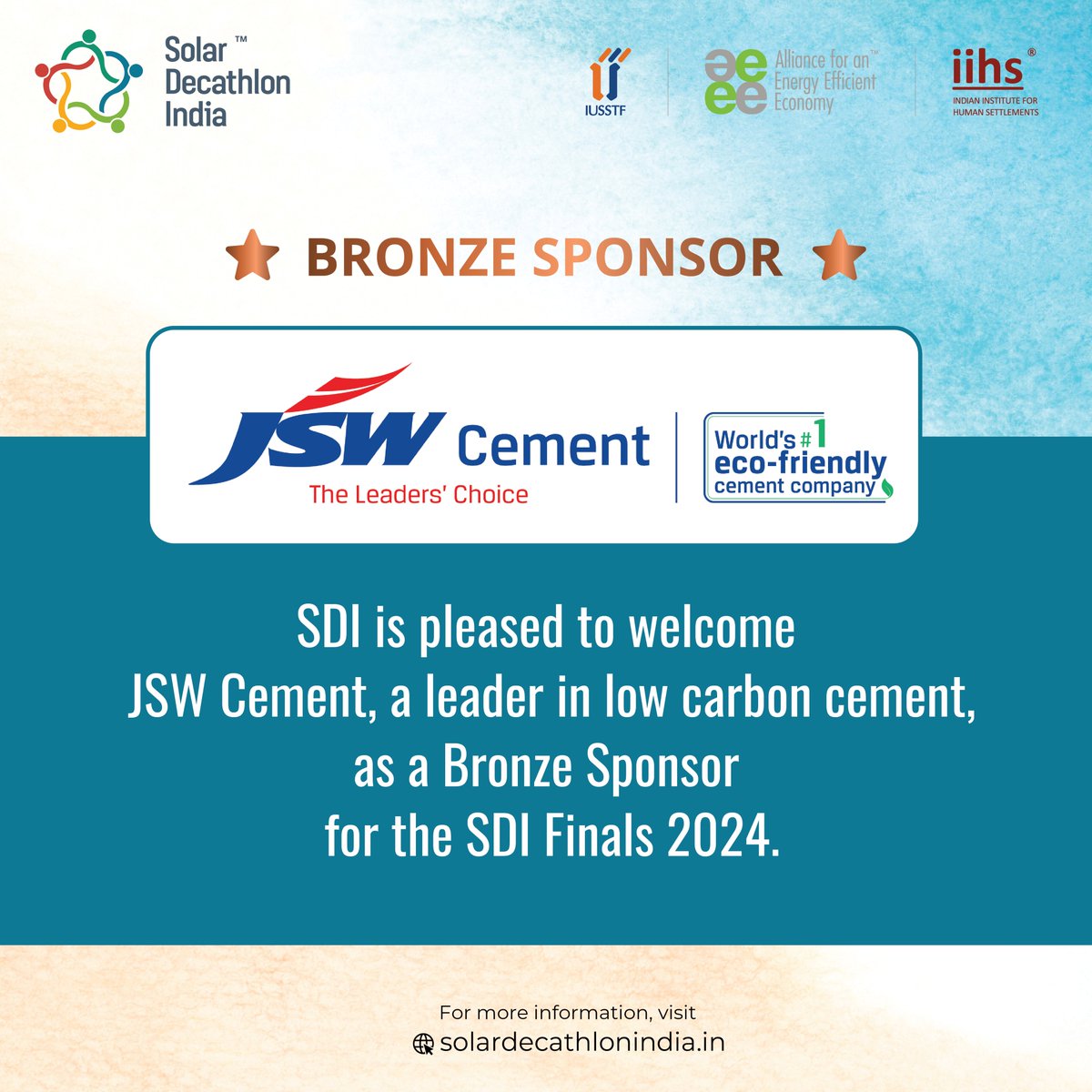 We are happy to welcome JSW Cement into our community of supporters as a Bronze Sponsor for the SDI Finals 2024!

#SDIfinals2024 #SustainabilityLeaders #JSWCement #SolarDecathlonIndia #SDI #BuildingScience #DesignChallenge #StudentChallenge #NetZero