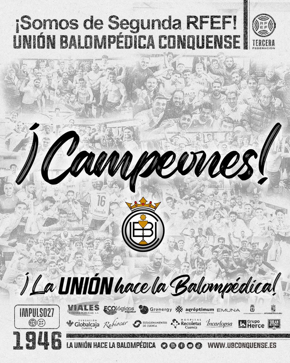 ¡La #UniónBalompédica #Conquense es campeón del Grupo XVIII de #TerceraRFEF! ¡Conseguimos el ascenso a #SegundaRFEF después de una maravillosa temporada! ¡Gracias a jugadores, cuerpo técnico, sponsor, colaboradores, aficionados, familias! ¡Gracias Cuenca! ¡LO HEMOS…