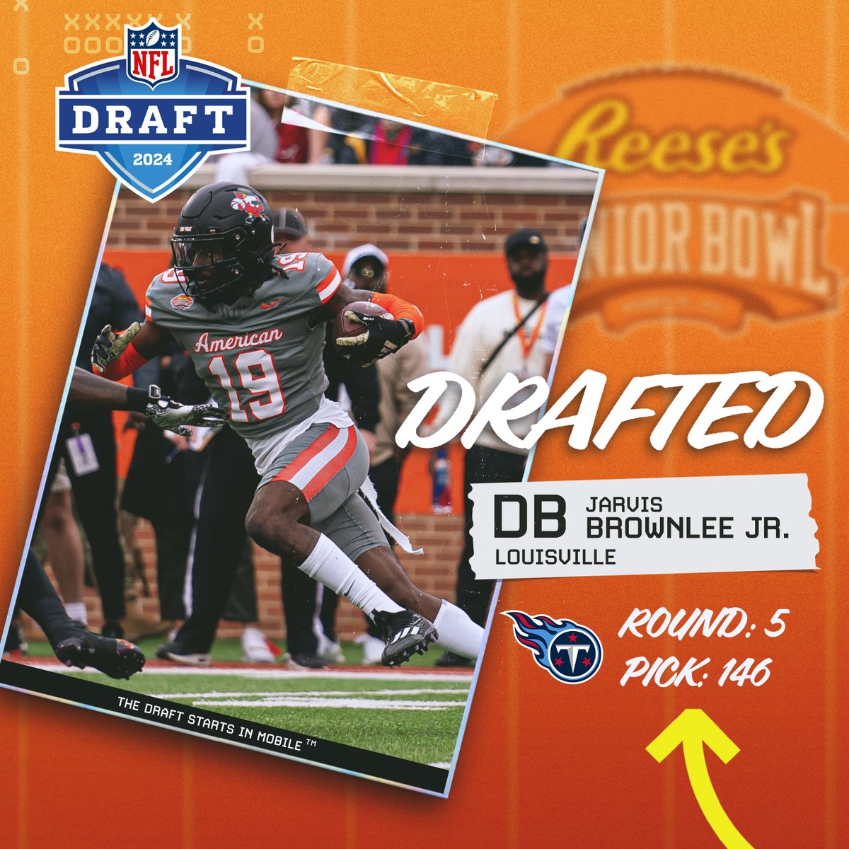 #NFLDraft The @Titans have selected Senior Bowl alum @JarvisBrownlee3 out of @LouisvilleFB. Congratulations! #TitanUp #TheDraftStartsInMOBILE™️
