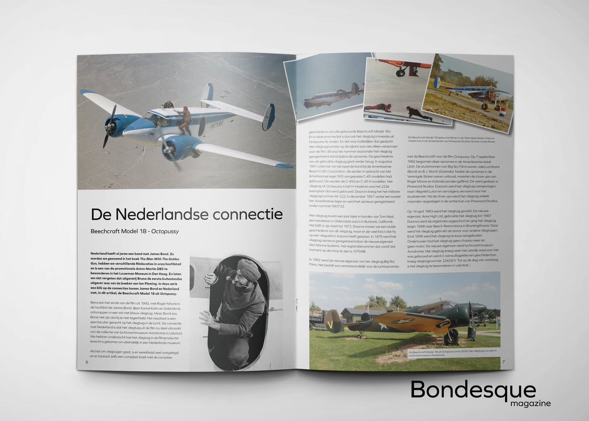 Binnenkort start de voorverkoop van de volgende editie van Bondesque Magazine. In de serie De Nederlandse Connectie duiken we in de link tussen James Bond en Nederland. In deze eerste aflevering de Beechcraft Model 18 uit 'Octopussy'. Hoe kwam het vliegtuig terecht in Lelystad?