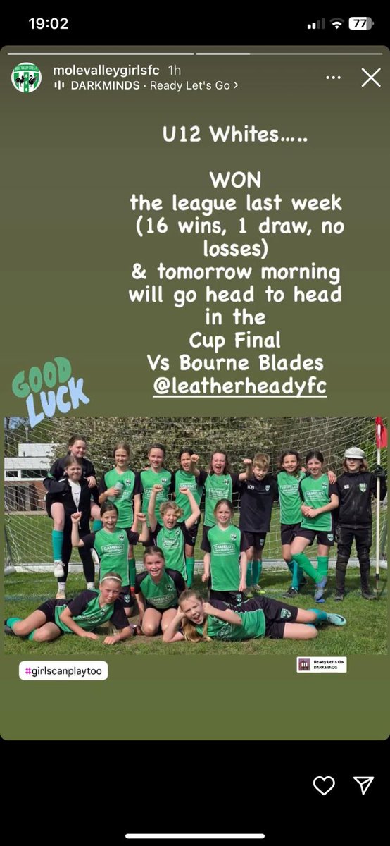 Good luck Mole Valley Girls U11 Whites for your Surrey U12 Cup Final tomorrow - you are all legends and we are so proud of you. Enjoy the day 💪⚽️🥅 
<a href="/MoleValleyGirls/">Mole Valley Girls FC</a> <a href="/HerGameToo/">Her Game Too</a>
