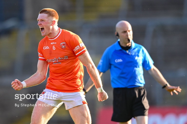 Ciaran Mackin of Armagh celebrates at the final whistle after beating Down by a point in the Ulster SFC semi-final in Clones. 📸 @sportsfilesteve sportsfile.com/more-images/77…