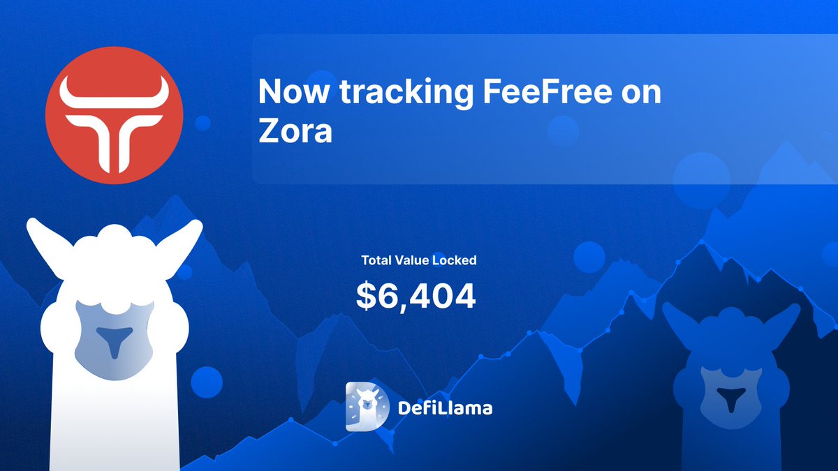 DefiLlama's tweet photo. Now tracking @FeeFreeFi on @ourZORA 

FeeFree is a decentralized exchange that offers a RobinHood-style, zero-fee swapping model, aiming to eliminate trading fees by charging only a minimal flat gas fee per transaction https://t.co/perAZSI0fI