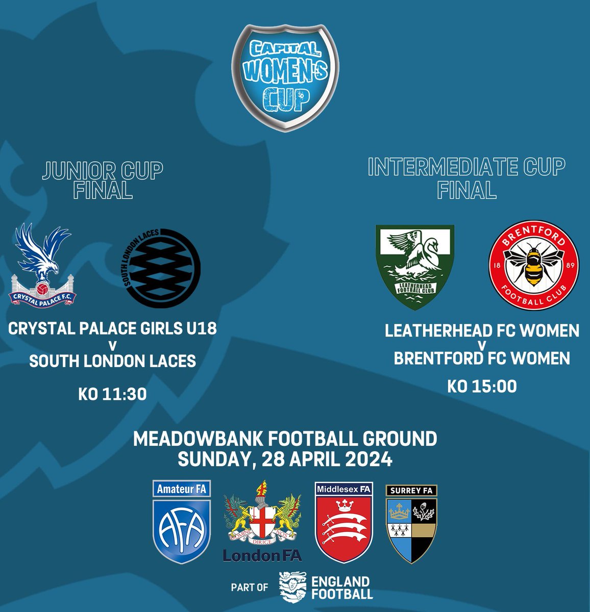 Capital Women's Cup Finals 🏆 The Junior and Intermediate finals of the #CapitalWomensCup take place tomorrow! Junior Cup @cpfc_w U18 vs @SouthLDNLaces Intermediate Cup @leatherheadwfc vs @BrentfordFCW Good luck to all teams! Buy tickets here: buff.ly/4aP2FF3