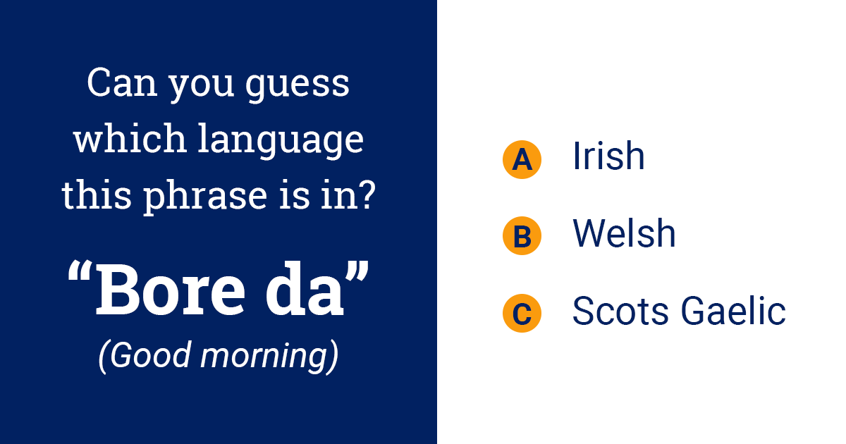 Can you guess which language this phrase is in? Phrase: “Bore da” (Good morning) Guess the language! Comment below with your answer: A) Irish B) Welsh C) Scots Gaelic Drop your guess in the comments and check back later for the correct answer! #languageline #languagequiz