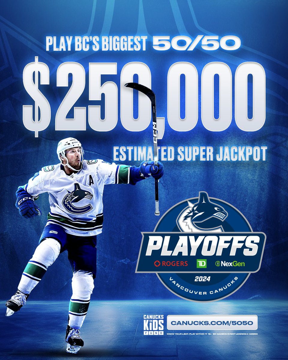 The @Canucksforkids raffle for an estimated $250,000 50/50 is now LIVE! 💰 Sales close at the end of the second intermission in Game Four of the playoffs. Must be 19+ and located in B.C. to play. BUY NOW | vancanucks.co/5050AwayTW
