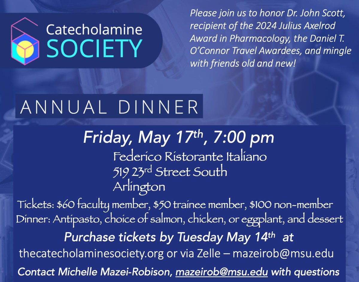 Catecholamine Society (@catecholsociety) on Twitter photo Join us at <a href="/ASPET/">ASPET</a> to celebrate Dr. John Scott, recipient of the Julius Axelrod Award, and the Daniel T. O’Connor Travel Awardees at the Catecholamine Society Dinner on May 17, 7 PM at Federico Ristorante Italiano, 519 23rd St S. RSVP by May 14! Tickets:  thecatecholaminesociety.org/annual-club-di…. Join us at <a href="/ASPET/">ASPET</a> to celebrate Dr. John Scott, recipient of the Julius Axelrod Award, and the Daniel T. O’Connor Travel Awardees at the Catecholamine Society Dinner on May 17, 7 PM at Federico Ristorante Italiano, 519 23rd St S. RSVP by May 14! Tickets:  thecatecholaminesociety.org/annual-club-di….