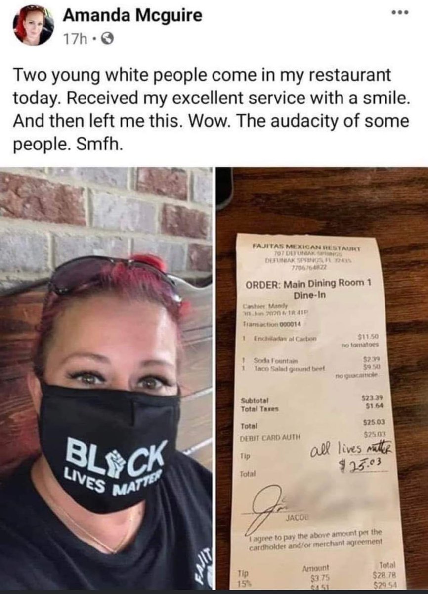 If you strut up to my table with a BLM mask on I'm on giving you a cent. I don't care how good the service is. I'm also probably gonna complain about you to management.

That's the opposite of good customer service.