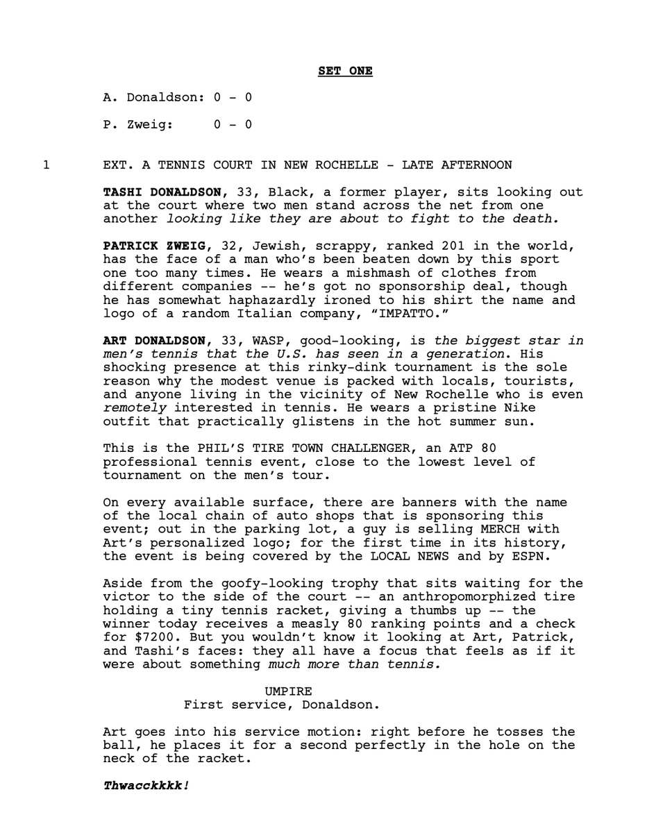 I'm typically a big proponent of white space but page 1 of Justin Kuritzkes' incredible CHALLENGERS script proves yet again that you can literally do whatever you want if the writing is compelling.