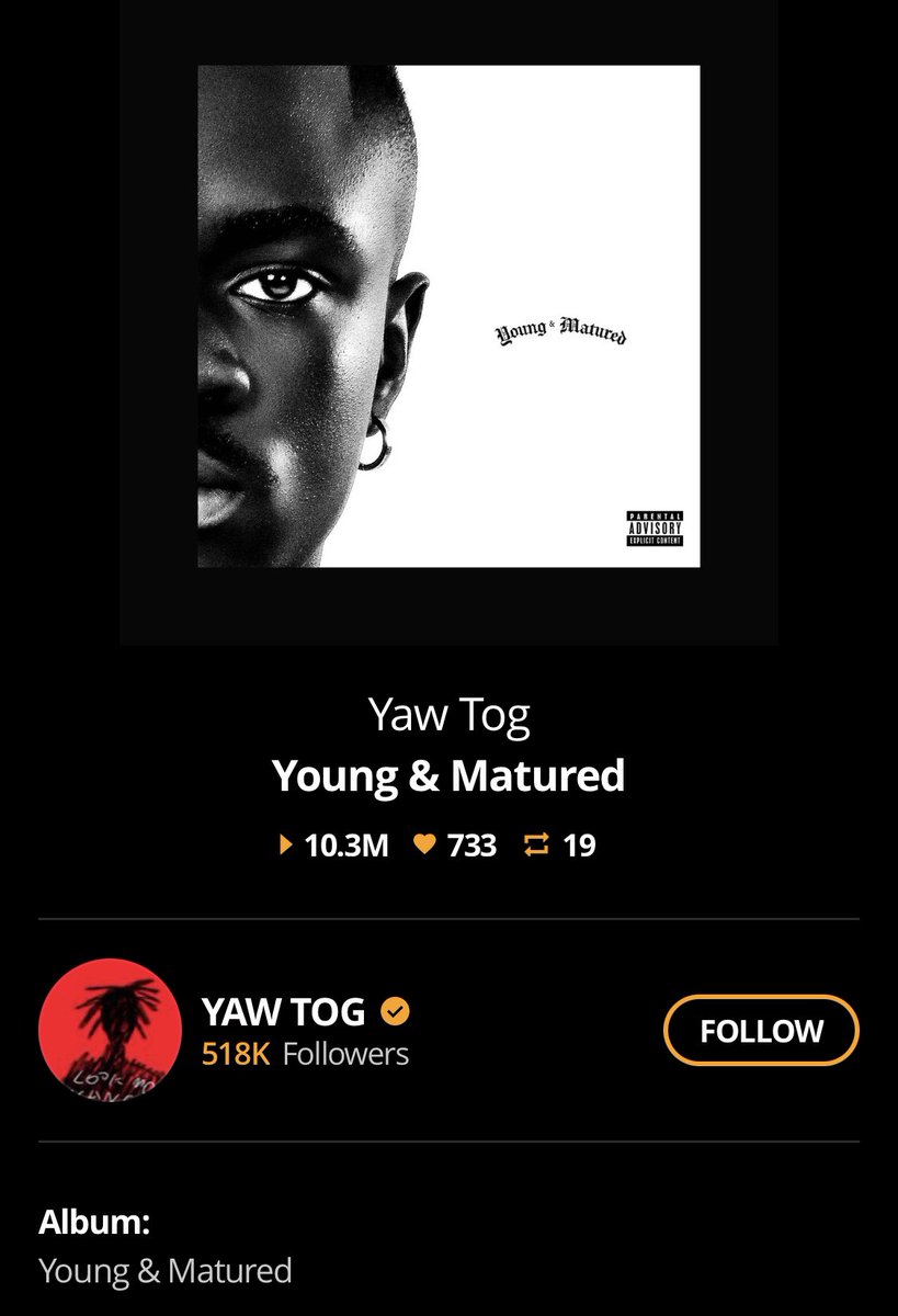 Yaw Tog’s Young & Matured album hits 10 Million streams on audiomack 🔥! Stream Can’t Stop by @YAWTOG_ from de album audiomack.com/yawtog/song/ca…