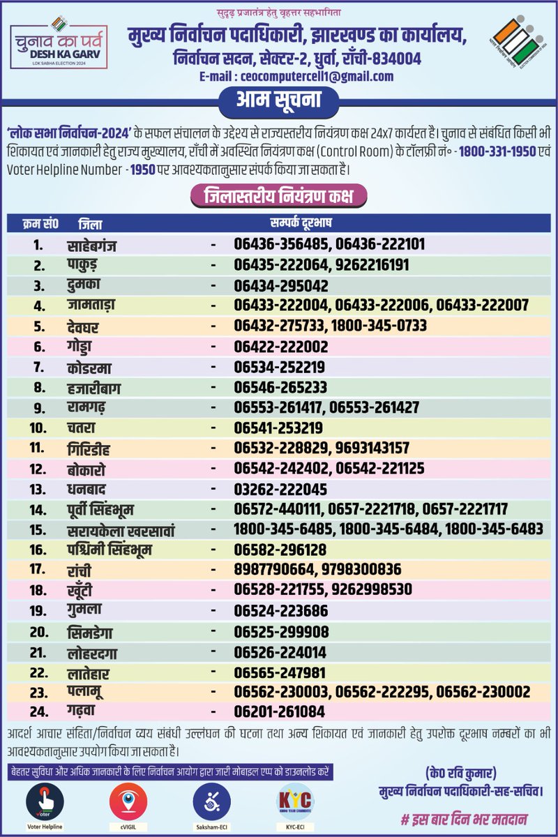 #आम_सूचना 
#जिला_स्तरीय_नियंत्रण_कक्ष
#IsBaarDinBharMatdan 
#ChunavKaParv
#DeshKaGarv 
#LokSabhaElection2024
#IamVerifiedVoter 
#NothingLikeVoting
#IVote4Sure 
#Votingpledge
#GoVote
@ceojharkhand 
@ECISVEEP