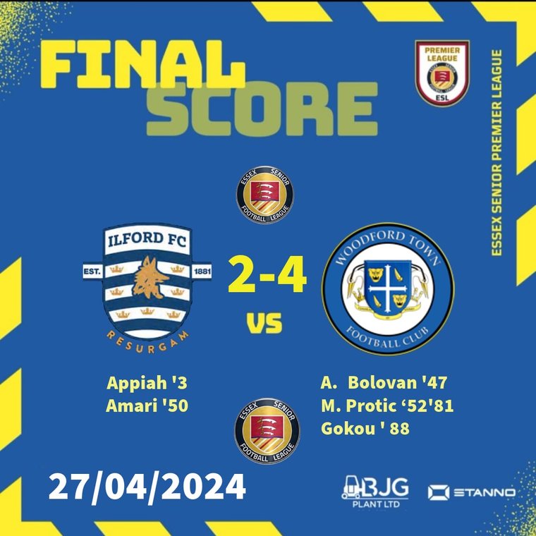 FINAL RESULT: Ilford FC 2-4 Woodford Town FC What a season finale! The Woods twice come from behind to secure the runners up spot on goal difference after Gokou's dramatic 88th minute goal. #COYWOODS #Pitchero woodfordtownfc.com/news/final-res…