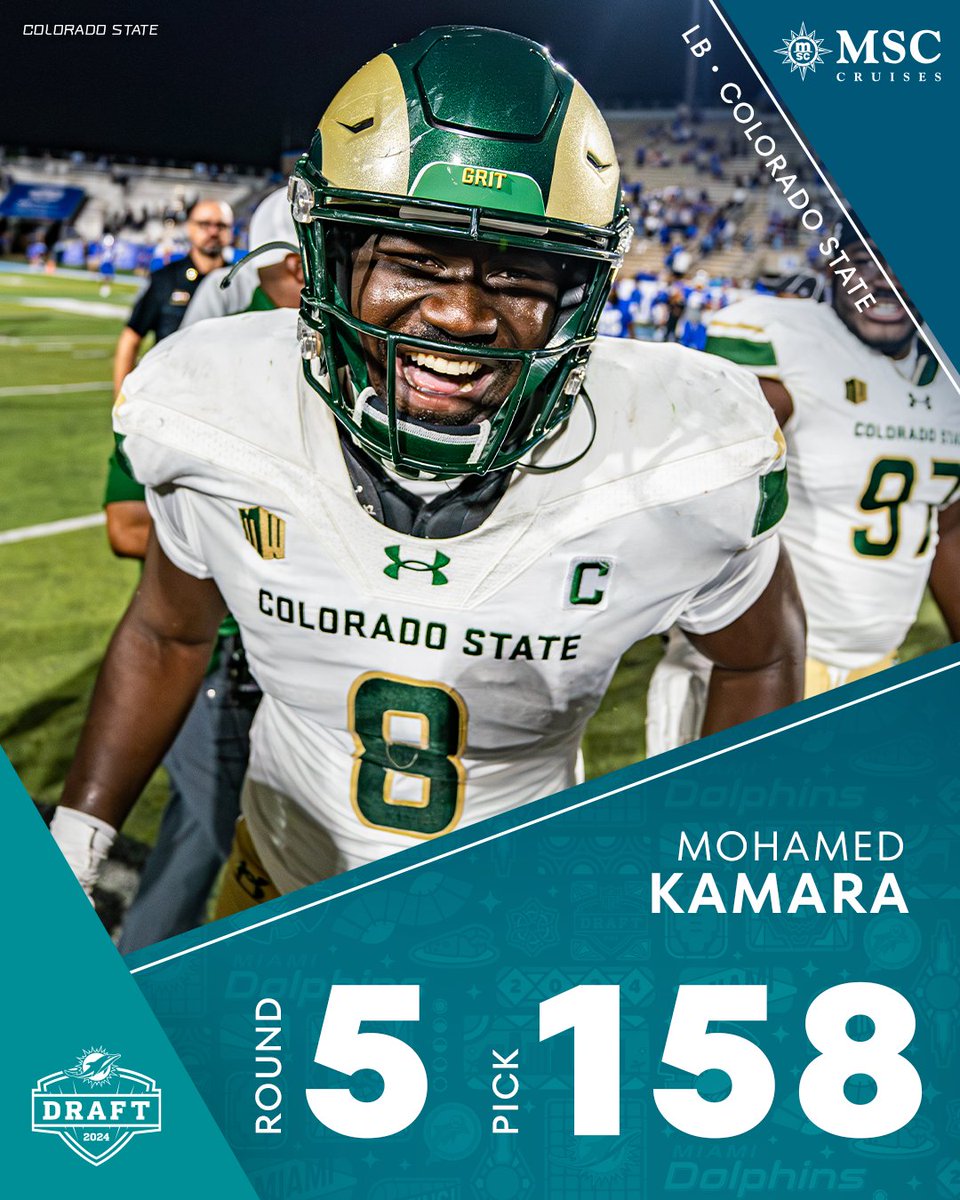 Miami Dolphins (@miamidolphins) on Twitter photo LET'S GO MO! π
With the 158th pick, we have selected LB Mohamed Kamara from <a href="/CSUFootball/">Colorado State Football</a>! LET'S GO MO! π
With the 158th pick, we have selected LB Mohamed Kamara from <a href="/CSUFootball/">Colorado State Football</a>!