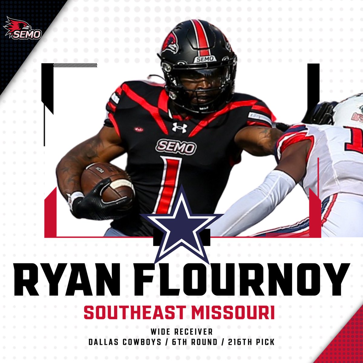 With the 216th pick in the 2024 NFL Draft, the Dallas Cowboys select Southeast Missouri wide receiver Ryan Flournoy! Flournoy goes in the sixth round as the first SEMO player ever drafted by the Cowboys. Congratulations Ryan!! You're a Star!