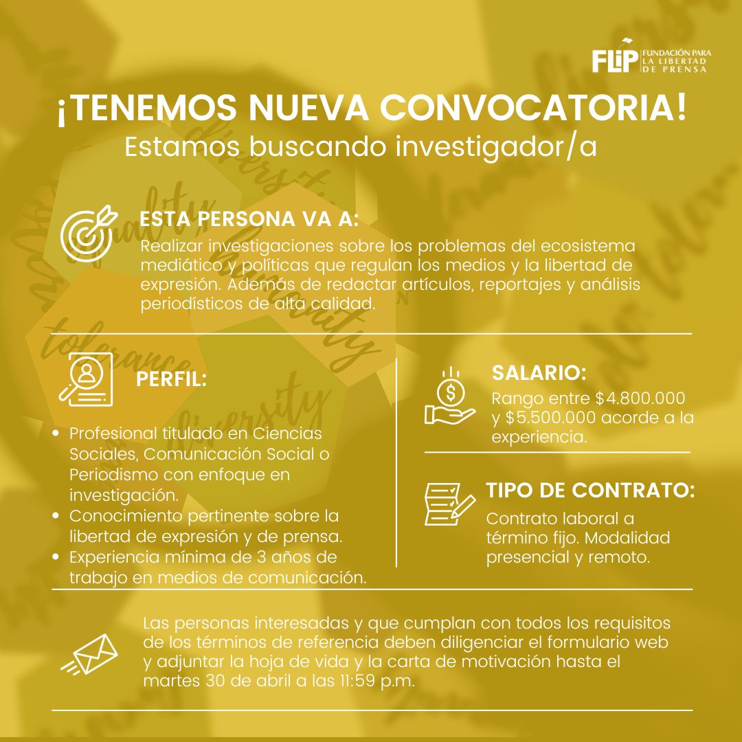 🔍 #Convocatoria | Estamos buscando a una o un investigador para contribuir al avance del area de Centro de Estudios. Si tienes experiencia en libertad de expresión y quieres apoyar nuestras investigaciones, postúlate aquí 👇🏽

flip.org.co/sobre-la-flip/…