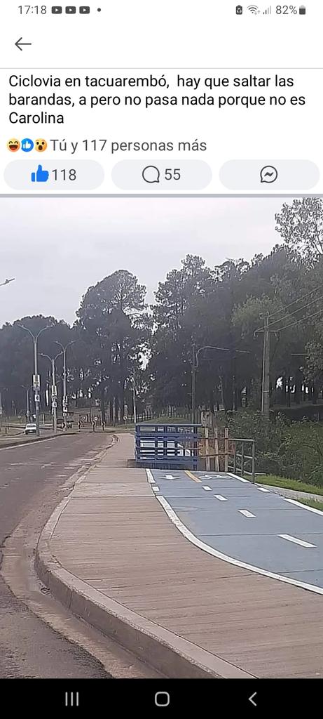 Ciclovia en tacuarembo tienen que saltar la valla y nadie se queja ,pero si ese mamarracho lo hiciera Carolina Cosse la tiran a la hoguera. Ahora hasta unos seudos ciclistas se molestan en los medios para hacer propaganda política. 
....