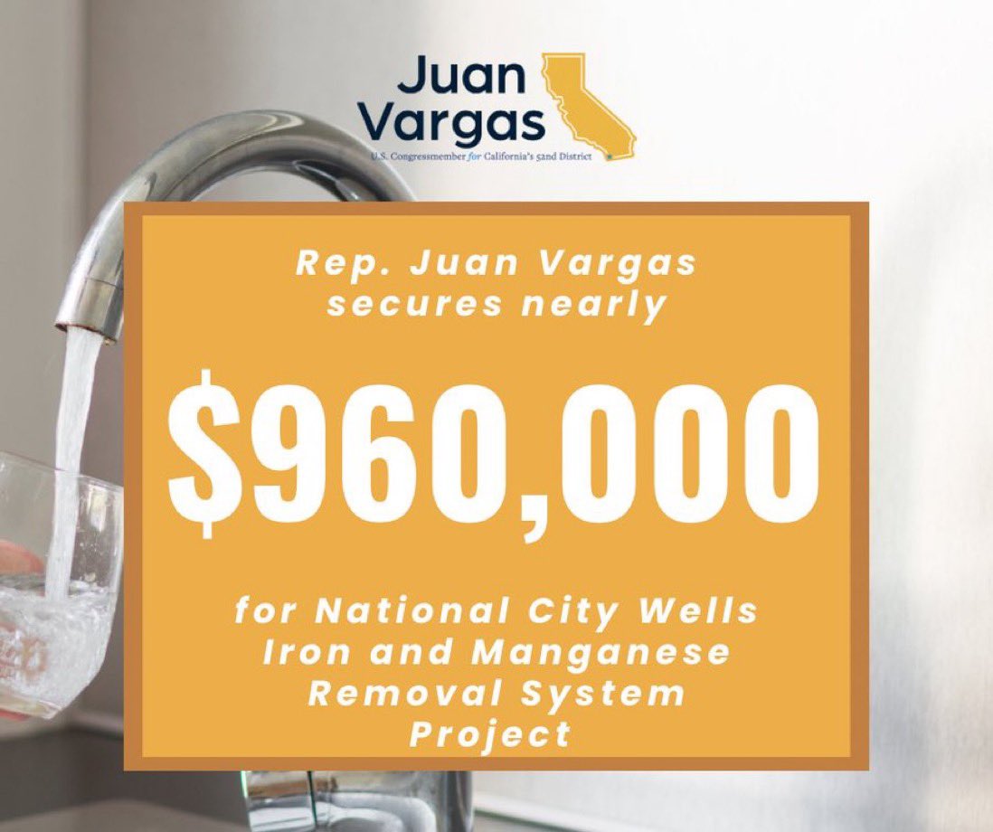 I am proud to have secured close to $960,000 for a National City project to remove iron and manganese from wells and help make sure everyone has access to clean drinking water.