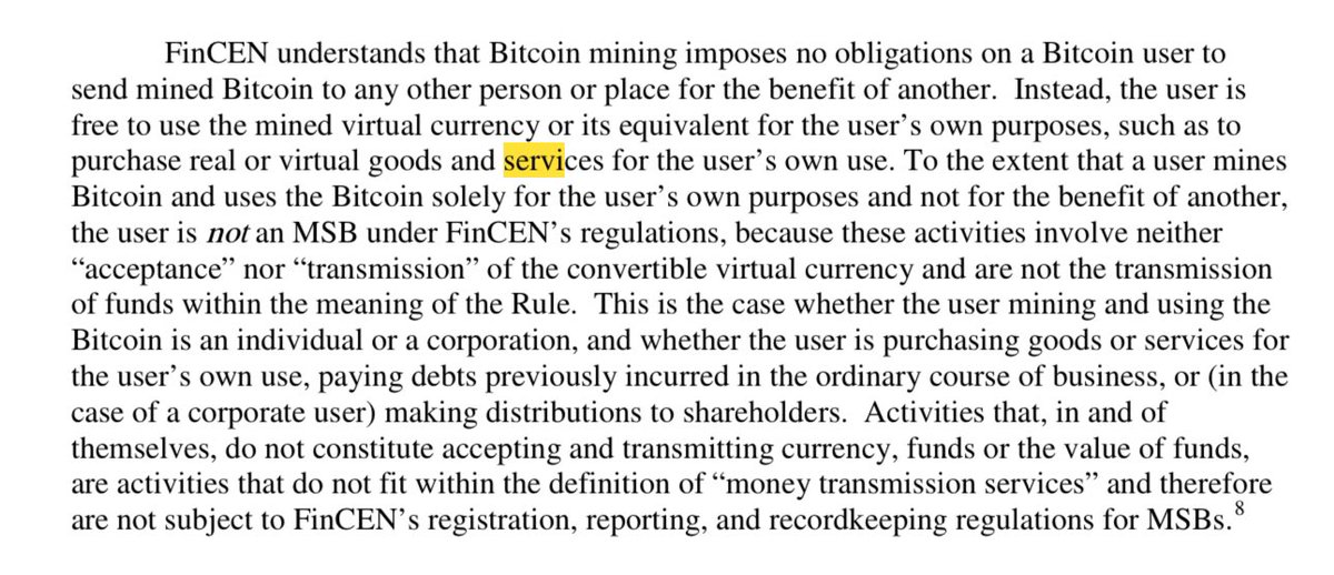 In case anyone is concerned about Bitcoin nodes being money transmitters, don’t be. We have had FinCEN guidance for a decade that running a Bitcoin node or mining on behalf of yourself does not include acceptance nor “transmission” of money to qualify as a money services…