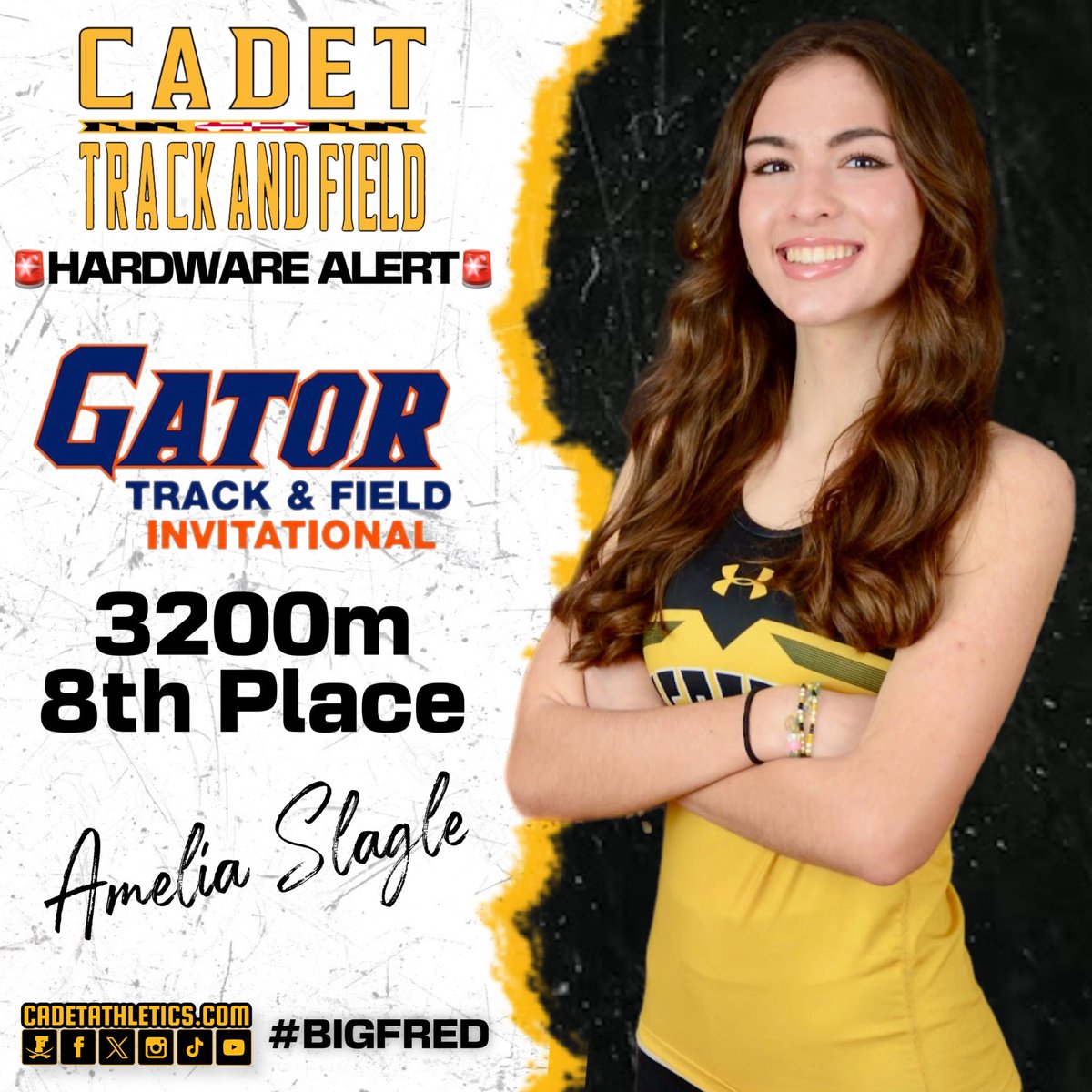 ⚡️Cadetathletics.com Breaking News 
🏅🚨HARDWARE ALERT🚨🏅

Cadet Amelia Slagle places 8th in the 3200m race  at the Gator Invitational today at Reservoir High School with a time of 11:23.68.

⚔️ | #BigFred | ⬛️🟨 | #ProtectTheParkway