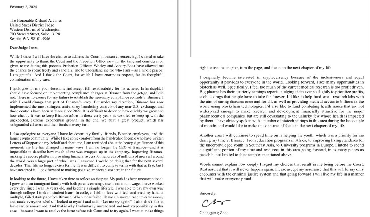 I’ve read the letter <a href="/cz_binance/">CZ 🔶 BNB</a> sent to the Honorable Richard A. Jones before his sentencing on April 30th, and I can’t believe he is being charged. 

#Binance has helped millions of people around the world, educated the masses about safety and security, and  helped shape the